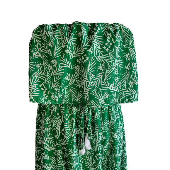 Womens Green Leaf Print Strapless Ruffle Drawstring Long Maxi Dress Size Large - Picture 6 of 9